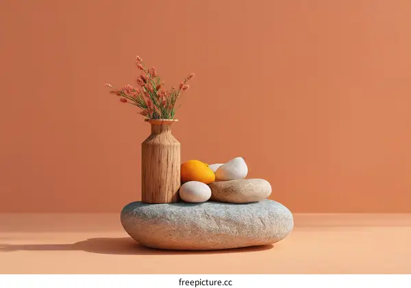Wooden Vase with Stones and Flowers Still Life