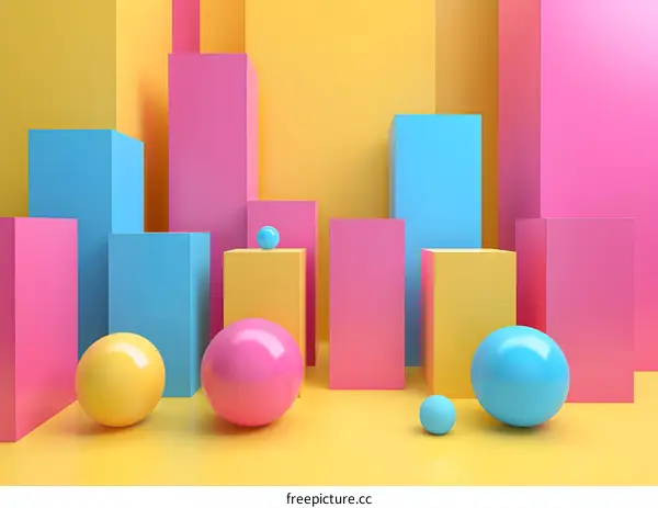 Abstract Geometric Shapes  Background with Colorful Cubes and Spheres