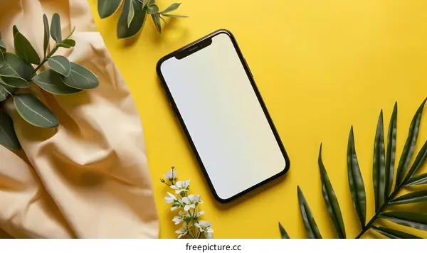 Flat Lay with Smartphone on Yellow Background