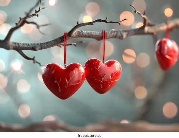 Two red heart-shaped ornaments hanging from a branch