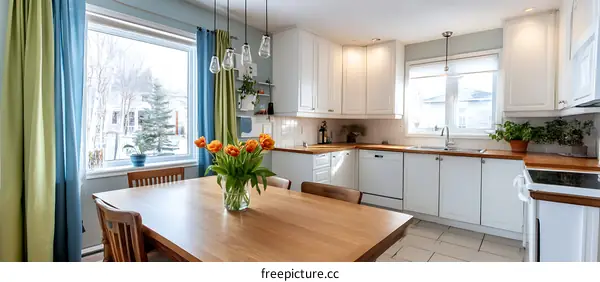 Modern Kitchen with Warm Dining Area