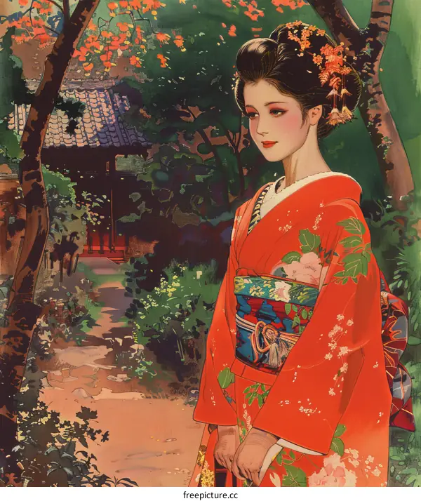 A Japanese woman wearing a kimono is standing in a garden.
