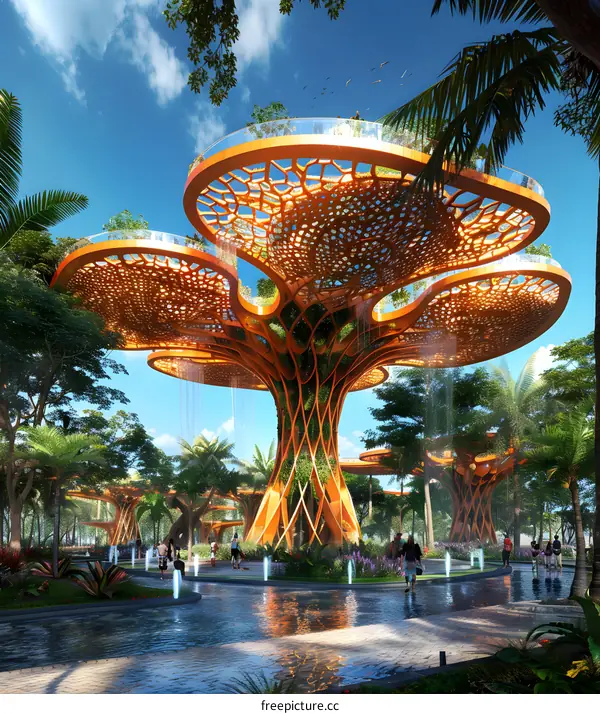 Modern Treetop Architecture Design With Water Fountains and Walking People