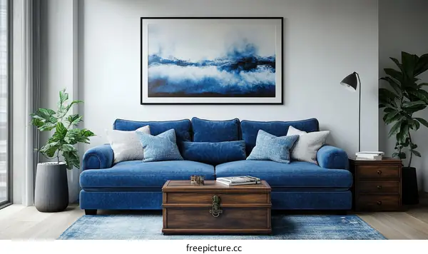 Modern Living Room with Blue Velvet Sofa and Abstract Art