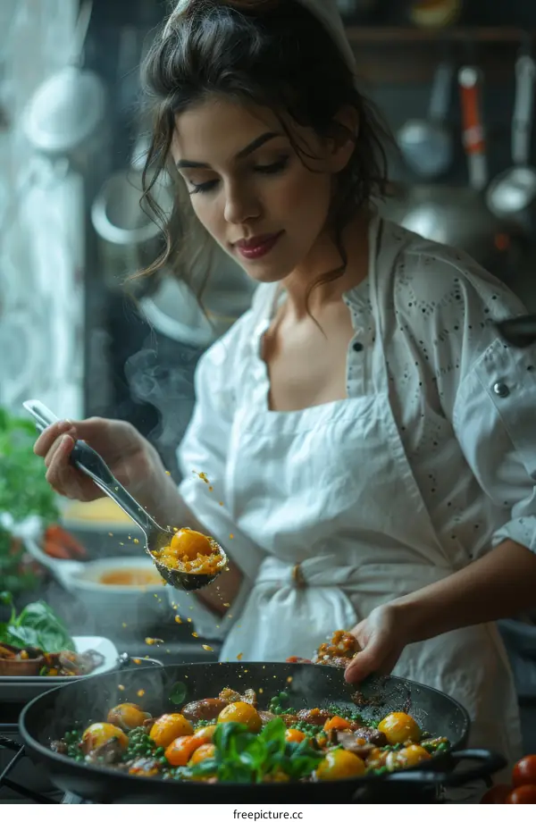 Young woman cooking with ladle and smile