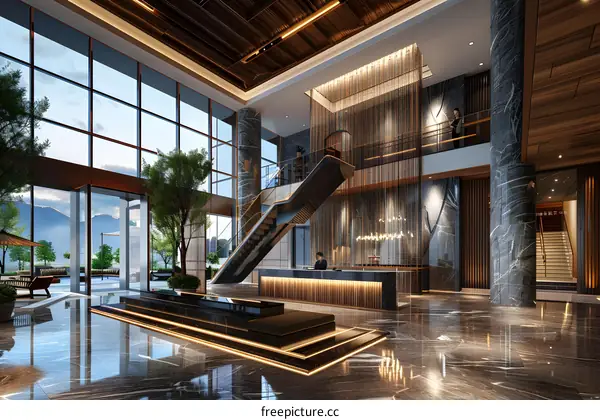 Modern Hotel Lobby Interior Design with Marble Floor and Reception Desk