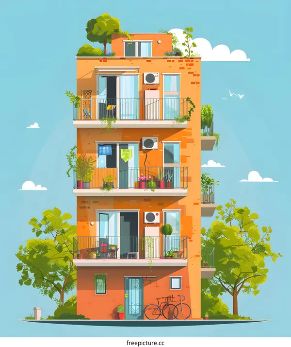 Apartment Building With Balconies And Green Plants