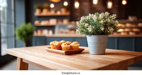 Wooden Table with Cupcakes and Plant in a Cafe