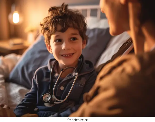 Little boy playing doctor with stethoscope around his neck