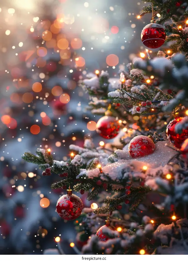 Red Christmas Baubles Hanging on a Tree Branch