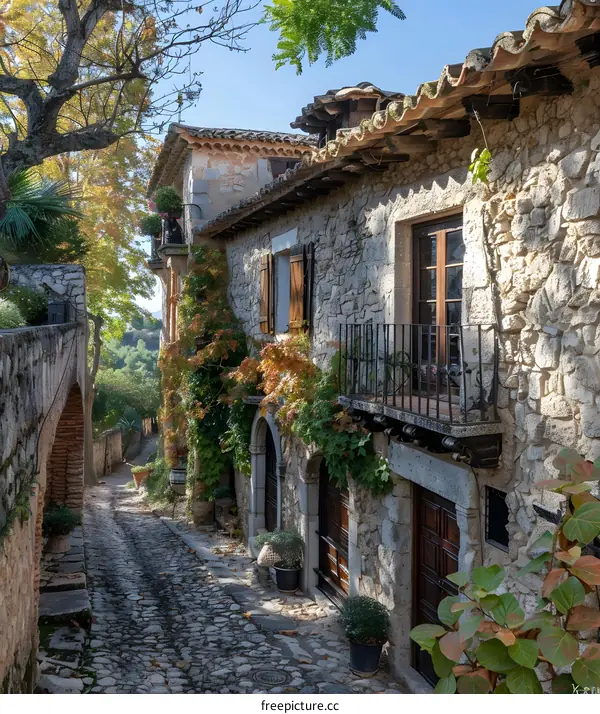 A narrow stone street in a French village