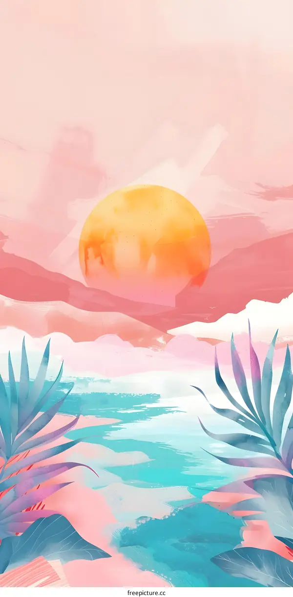 Abstract Tropical Sunset Landscape With Palm Leaves