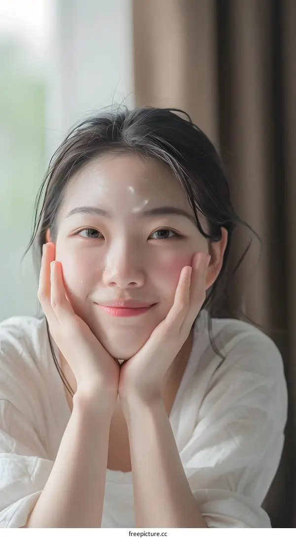 Close up portrait of a young Asian woman with skincare product on her face