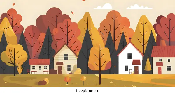 Autumn Forest Landscape With Houses
