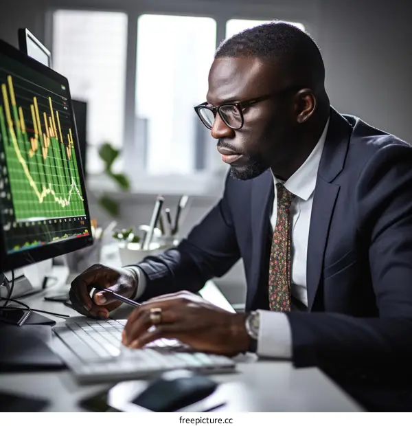 A businessman is looking at a computer screen with graphs and charts.