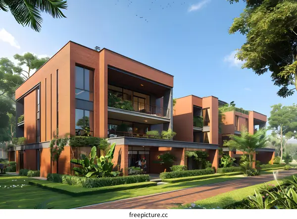 Courtyard house with green plants and a path in front of it