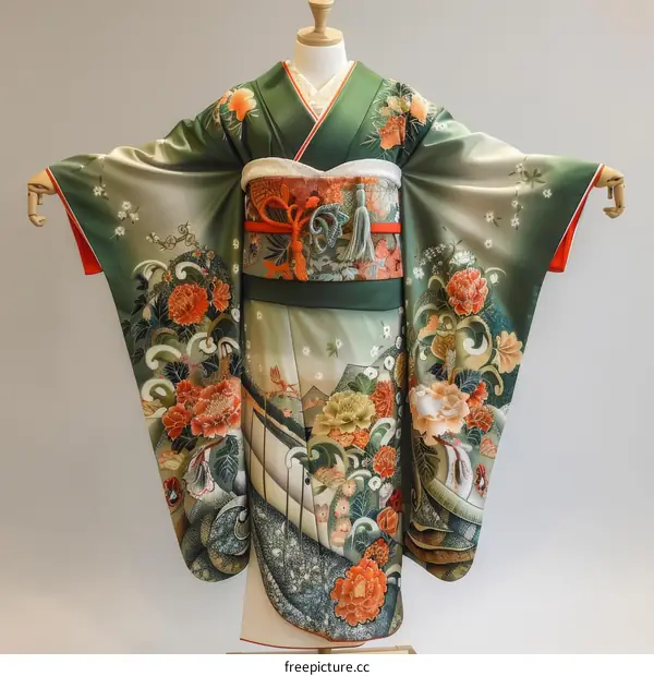 A woman wearing a green kimono and holding a fan