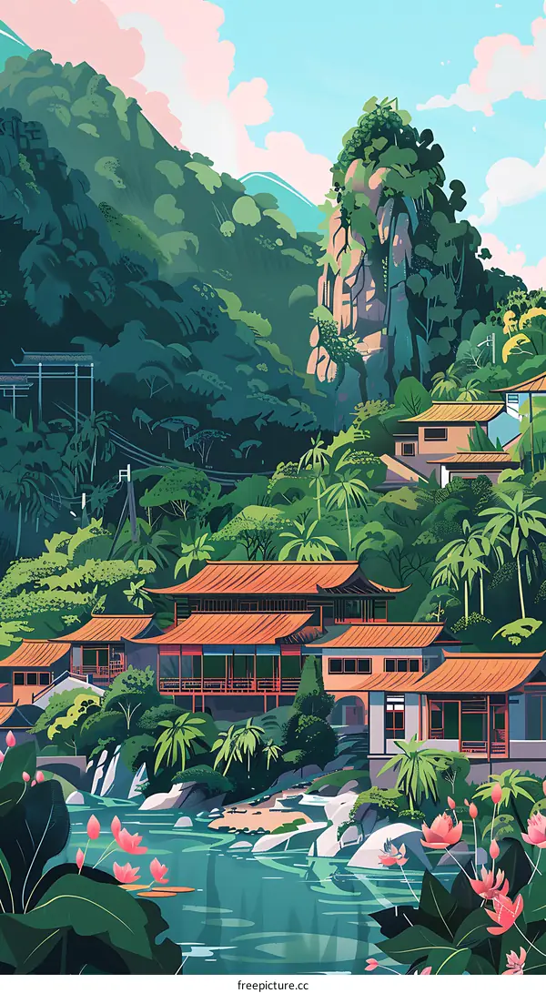 Tranquil Chinese Garden With Pagoda Buildings And Lush Greenery