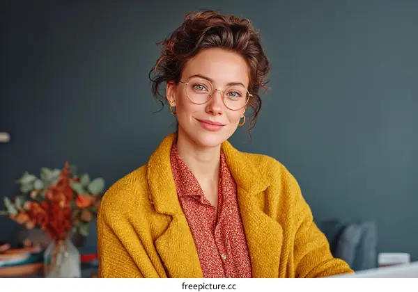 Young woman with curly hair and glasses sitting at desk