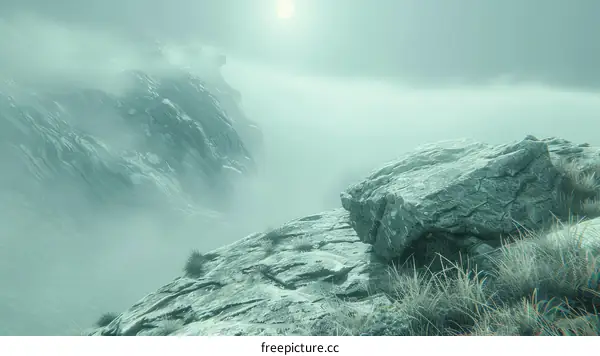A Large Rock Perched on a Misty Mountaintop