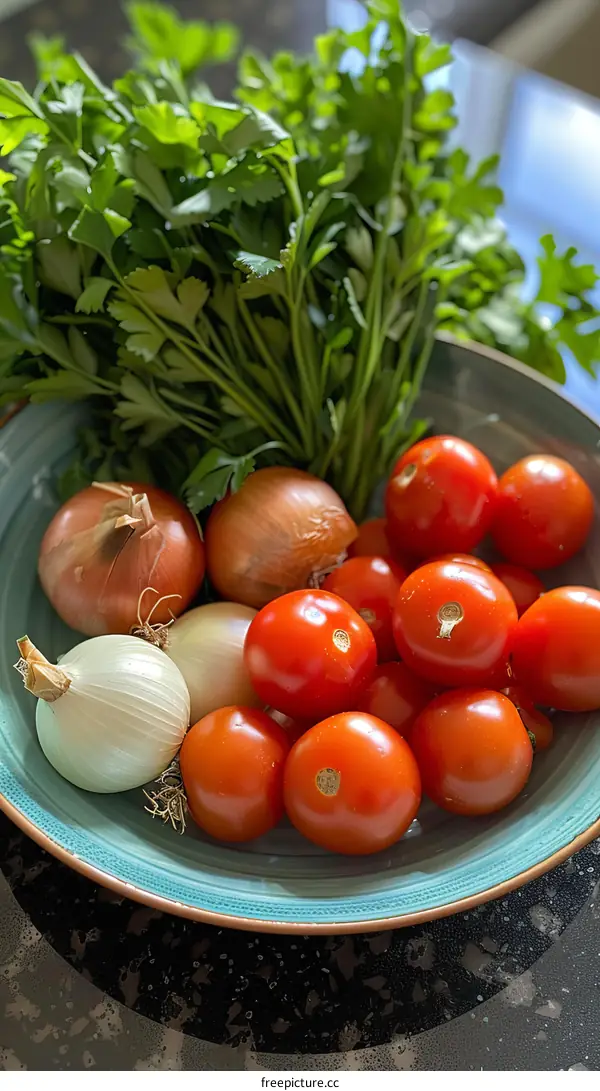 Tomatoes, Onions, Cilantro, and Garlic in a Bowl
