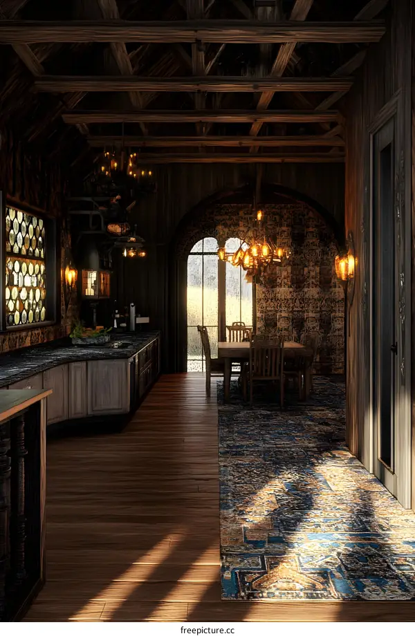 Rustic Kitchen Interior Design with Wood Beam Ceiling and Vintage Chandelier