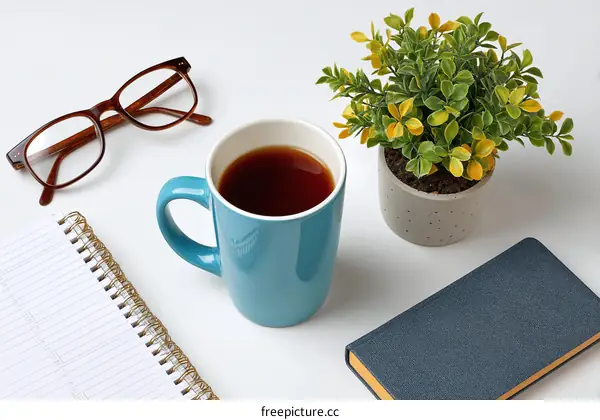 A Relaxing Workspace Setting with Coffee and Plants