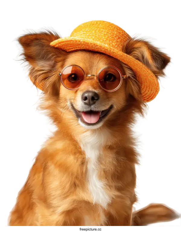 [Transparent Background PNG]Adorable Dog Wearing Summer Hat and Sunglasses