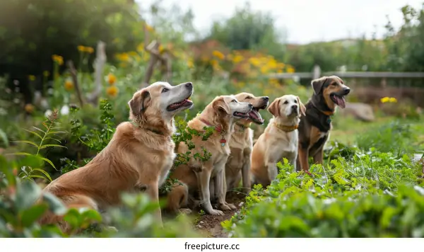Five dogs sitting in a row in a grassy field