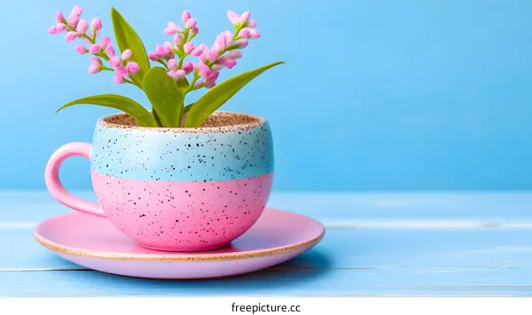 Pink Cup with Flowers on Blue Wooden Background