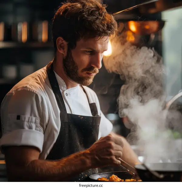 Focused male chef cooking in a restaurant kitchen