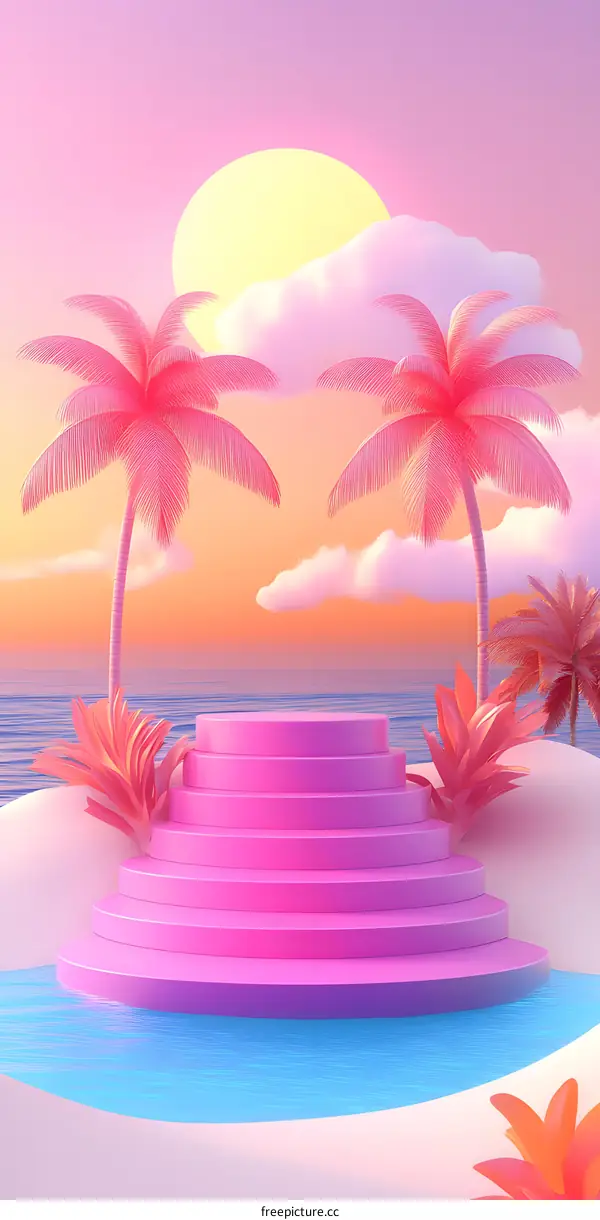 Pink Tropical Sunset with Palm Trees and Podium