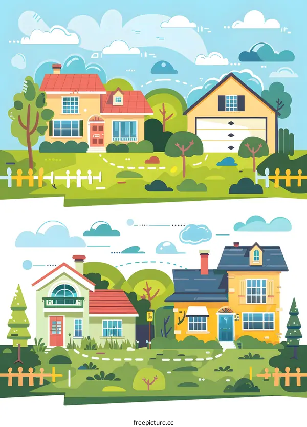 Colorful Illustration Of Houses In A Suburban Neighborhood