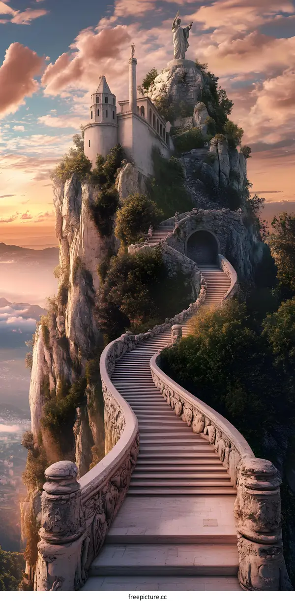 Stone Staircase Leading to a Mountaintop Castle