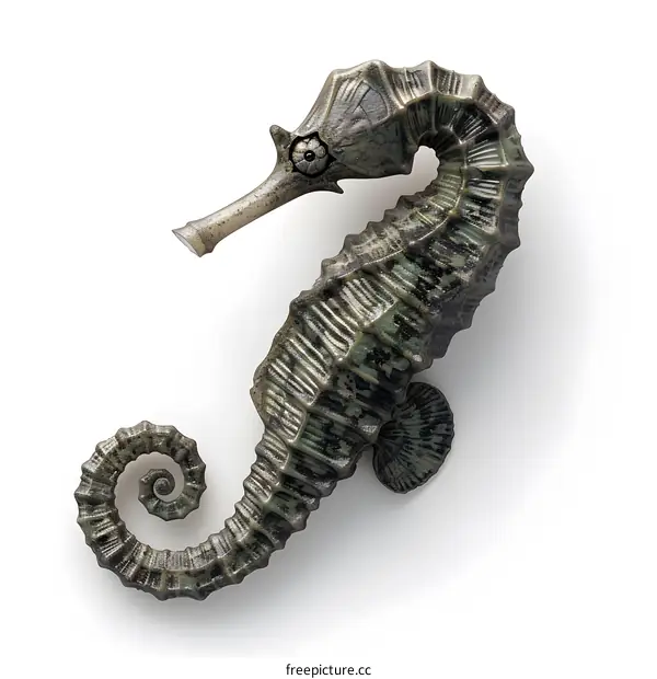 A 3D rendering of a green and brown seahorse
