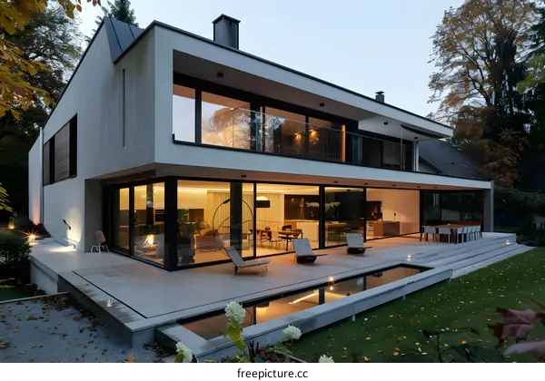 Modern White House with Large Windows and Patio