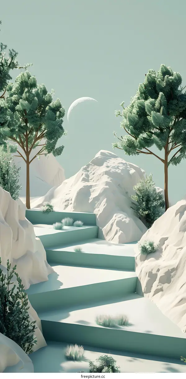 Minimalist 3D Illustration of a Mountain Landscape with a Crescent Moon