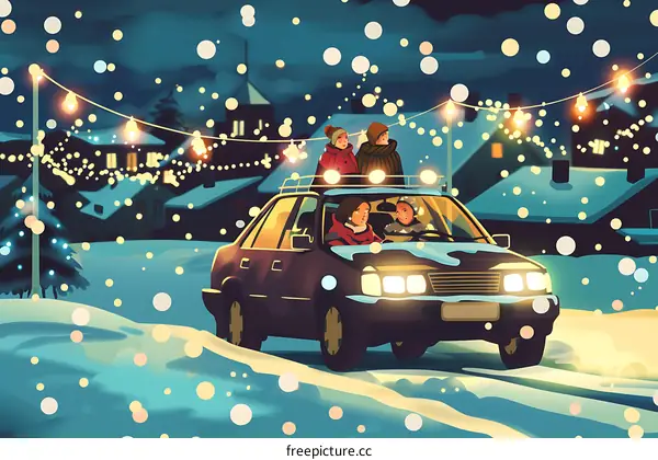 Family Driving in Snowy Night with Christmas Lights