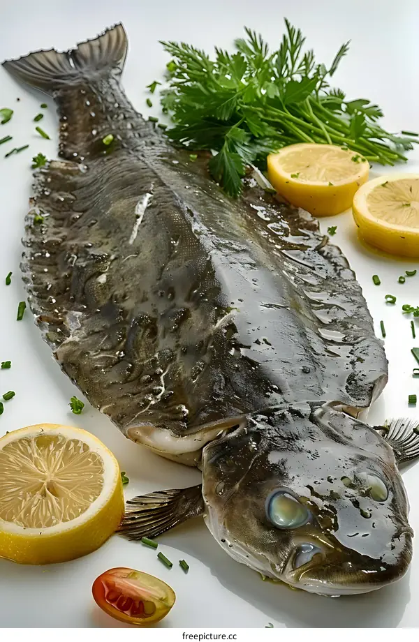 Fresh Halibut Surrounded by Herbs and Lemon