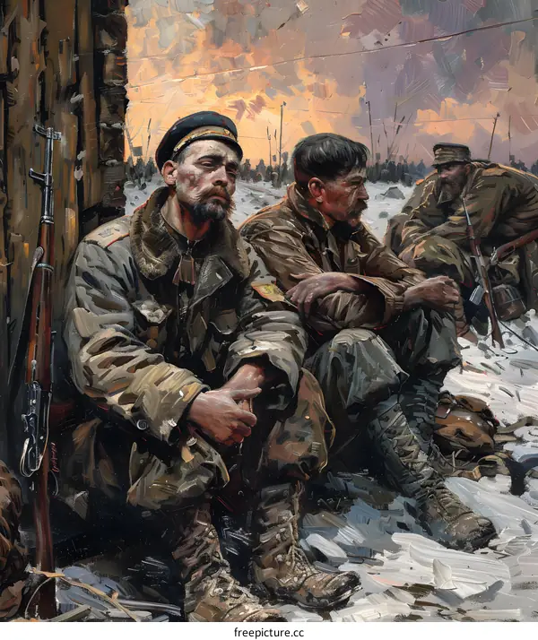 A group of soldiers are sitting on the snowy ground during the war