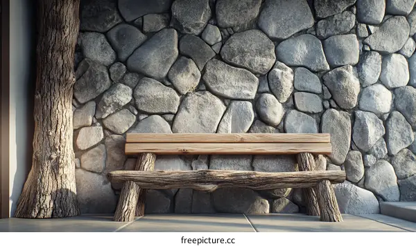 Rustic Wooden Bench Against Stone Wall Outdoor Setting