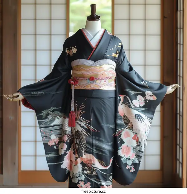 A kimono with a pattern of cranes and cherry blossoms