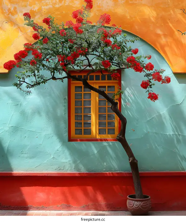 Red Flowers by a Yellow Window