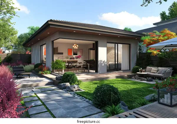 Modern Backyard House with Large Glass Windows