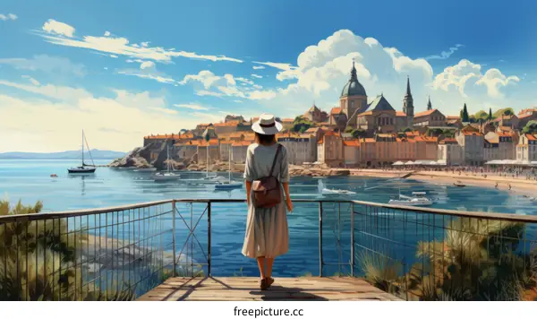 A woman standing on a pier admiring the Mediterranean Sea