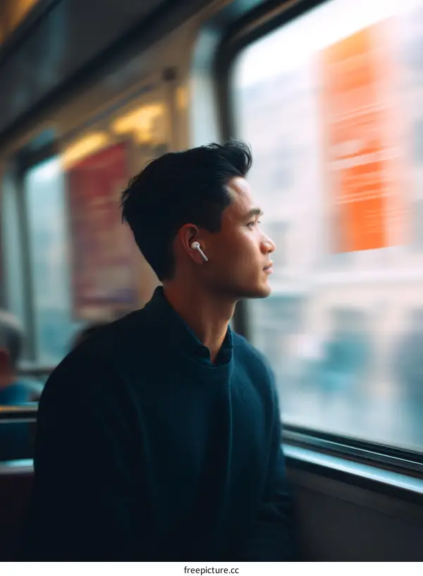 Young Man Looking Out Train Window