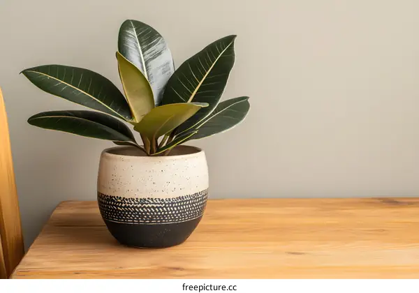 Potted Plant on Wooden Table with Green Leaves
