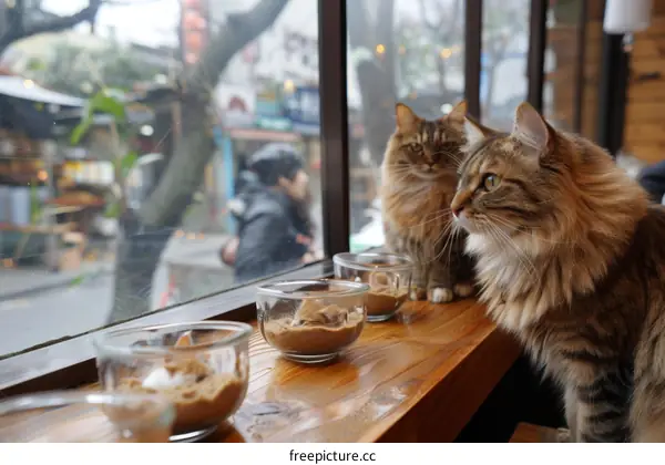 Two cats sitting on a wooden table looking out the window