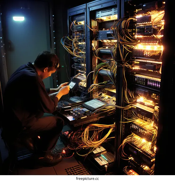 technician working on a server in a data center