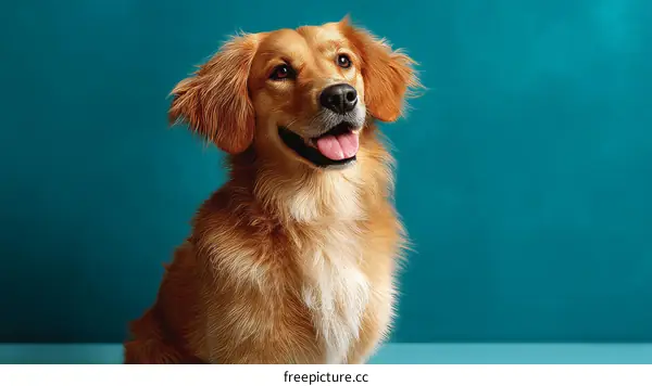 Happy Golden Retriever Portrait Against Teal Background